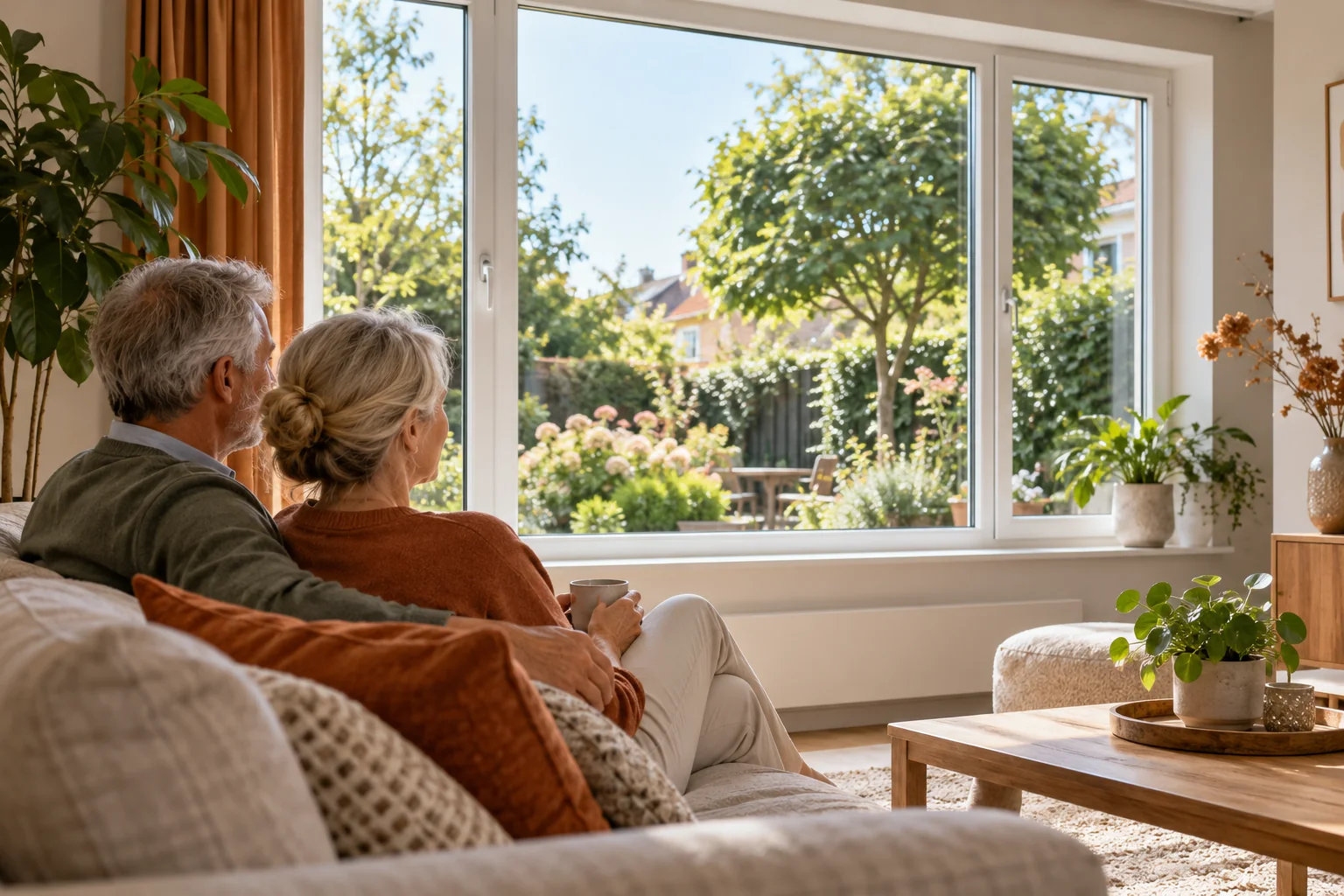 Sfeerbeeld van een ouder stel bij een groot raam in een comfortabele woonkamer